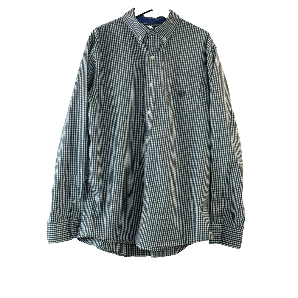 Chaps Men's L Green Gingham Stretch Button Down Shirt Easy Care Long Sleeve